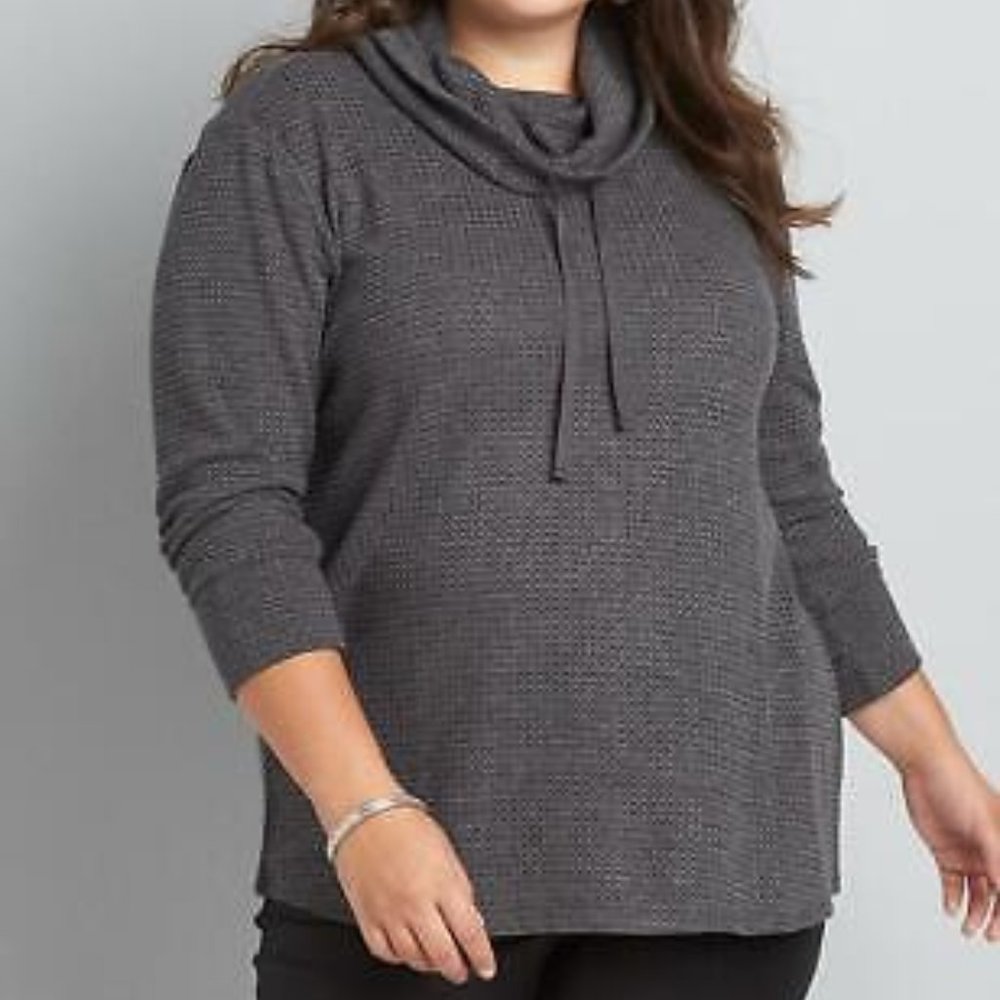 Drawstring Cowl Neck Waffle-Knit Top